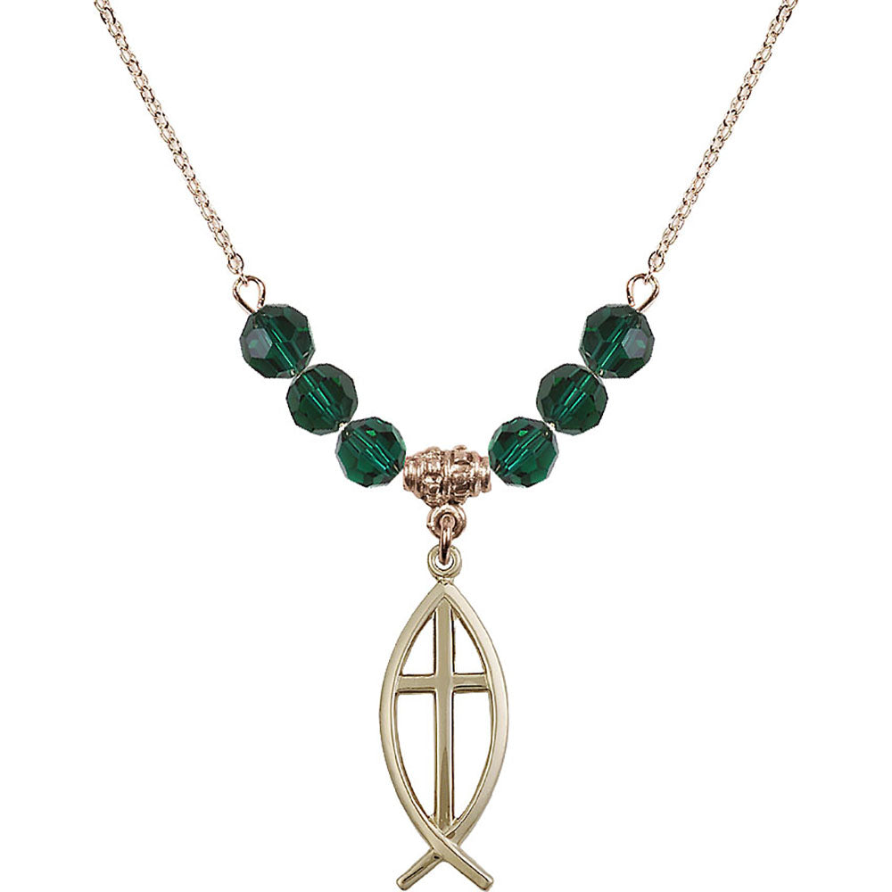 14kt Gold Filled Fish / Cross Birthstone Necklace with Emerald Beads - 4252