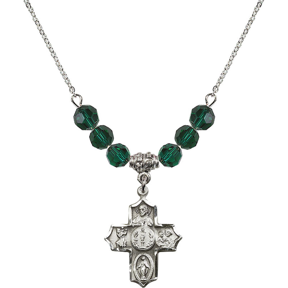 Sterling Silver 4-Way Birthstone Necklace with Emerald Beads - 4256