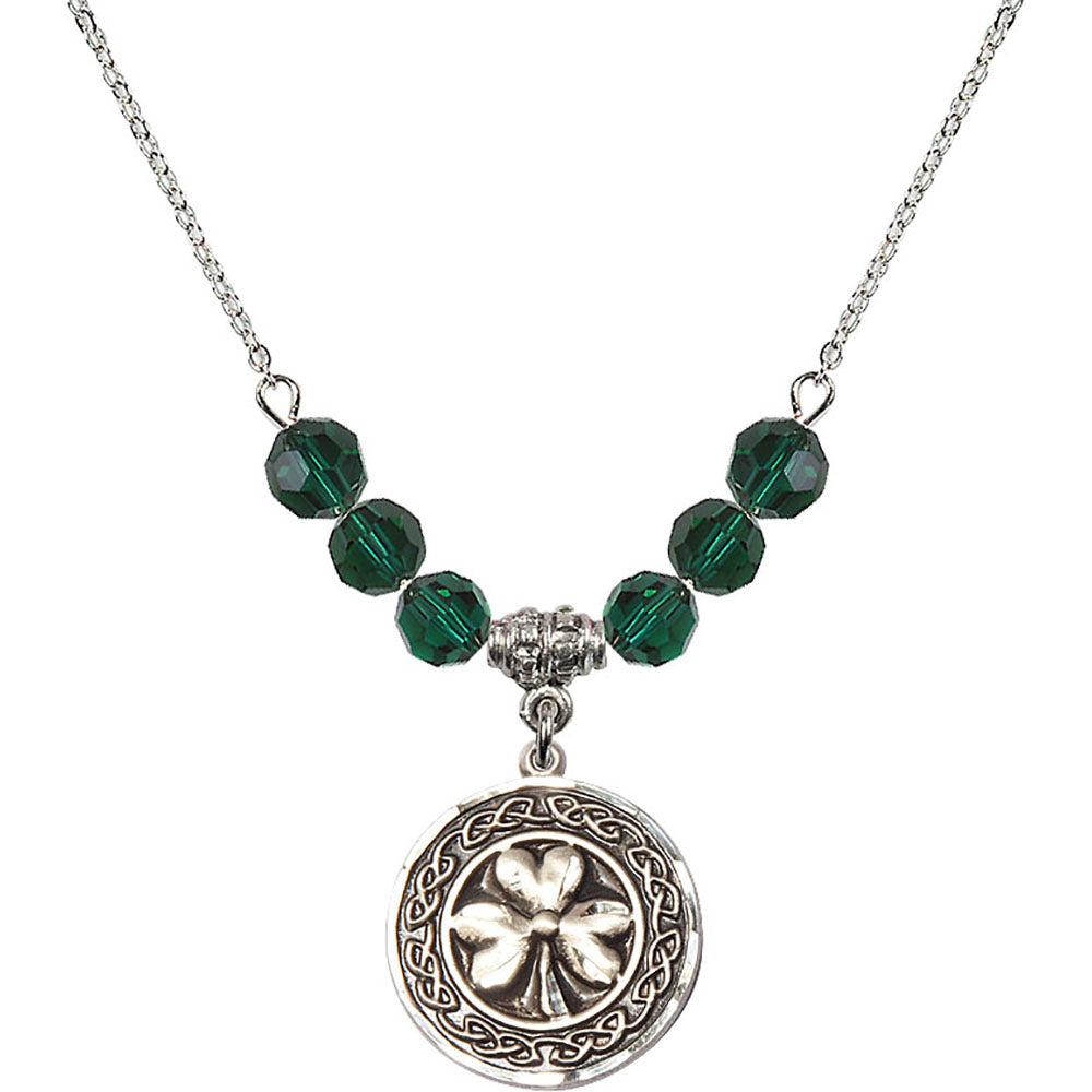 Sterling Silver Shamrock w/ Celtic Border Birthstone Necklace with Emerald Beads - 5106
