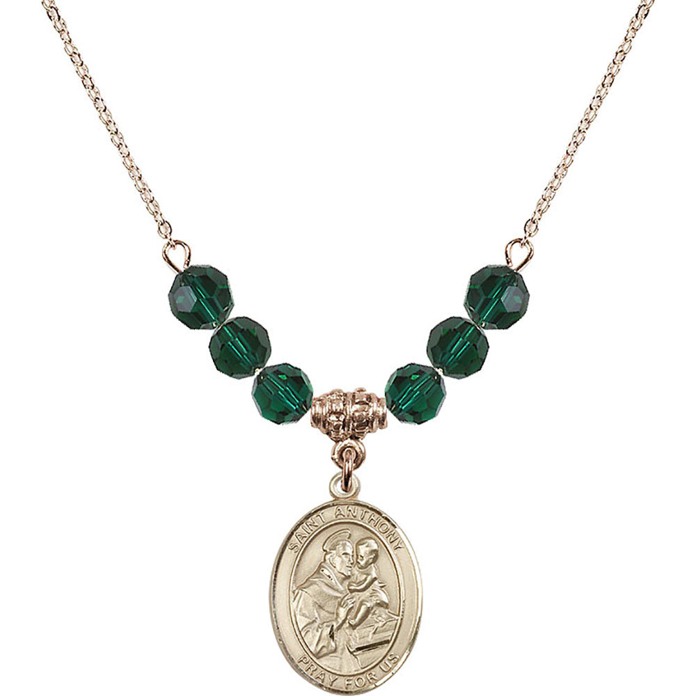 14kt Gold Filled Saint Anthony of Padua Birthstone Necklace with Emerald Beads - 8004