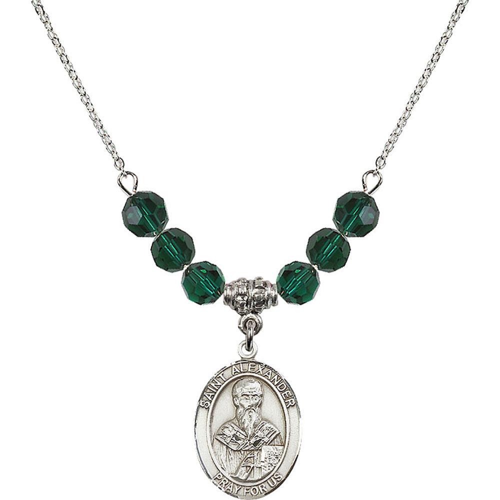 Sterling Silver Saint Alexander Sauli Birthstone Necklace with Emerald Beads - 8012