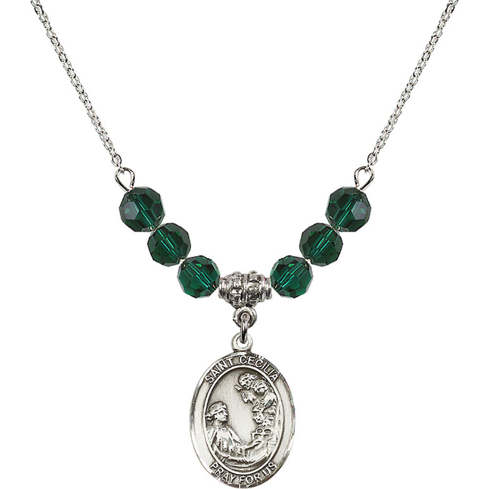 Sterling Silver Saint Cecilia Birthstone Necklace with Emerald Beads - 8016