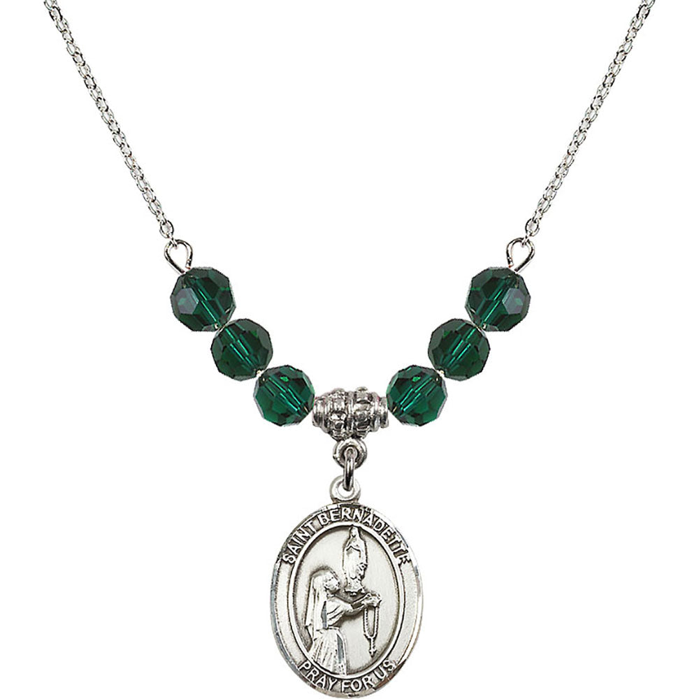 Sterling Silver Saint Bernadette Birthstone Necklace with Emerald Beads - 8017
