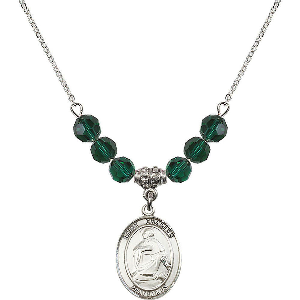 Sterling Silver Saint Charles Borromeo Birthstone Necklace with Emerald Beads - 8020