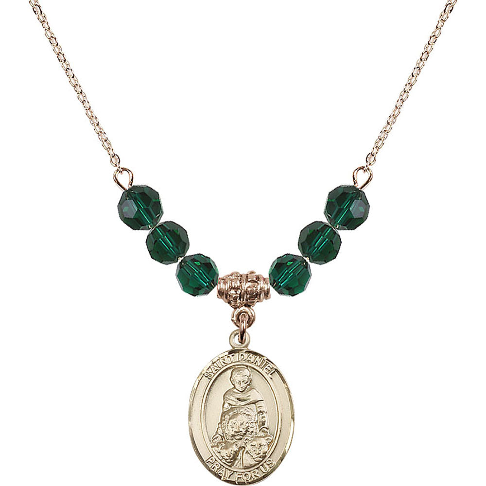 14kt Gold Filled Saint Daniel Birthstone Necklace with Emerald Beads - 8024