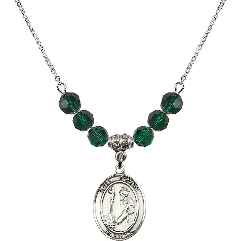 Sterling Silver Saint Dominic de Guzman Birthstone Necklace with Emerald Beads - 8030