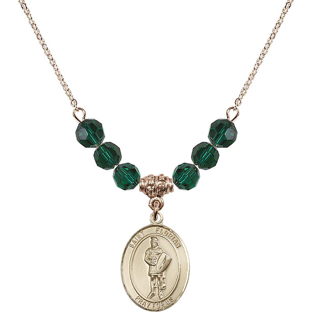 14kt Gold Filled Saint Florian Birthstone Necklace with Emerald Beads - 8034
