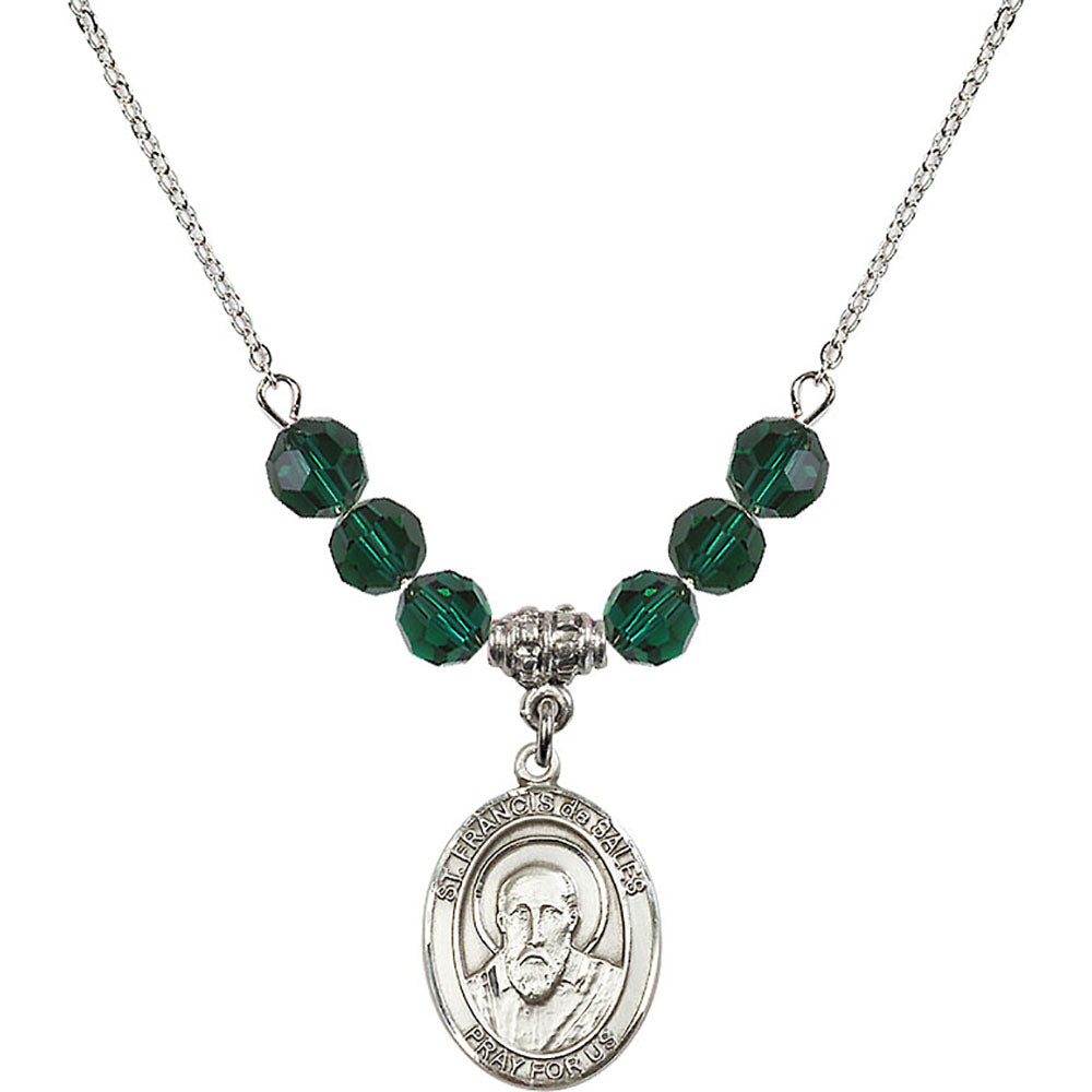 Sterling Silver Saint Francis de Sales Birthstone Necklace with Emerald Beads - 8035