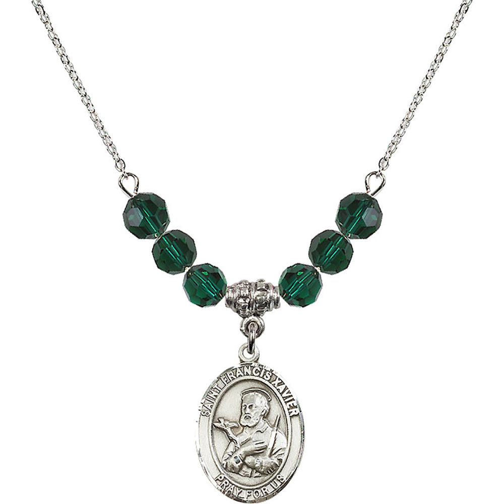 Sterling Silver Saint Francis Xavier Birthstone Necklace with Emerald Beads - 8037