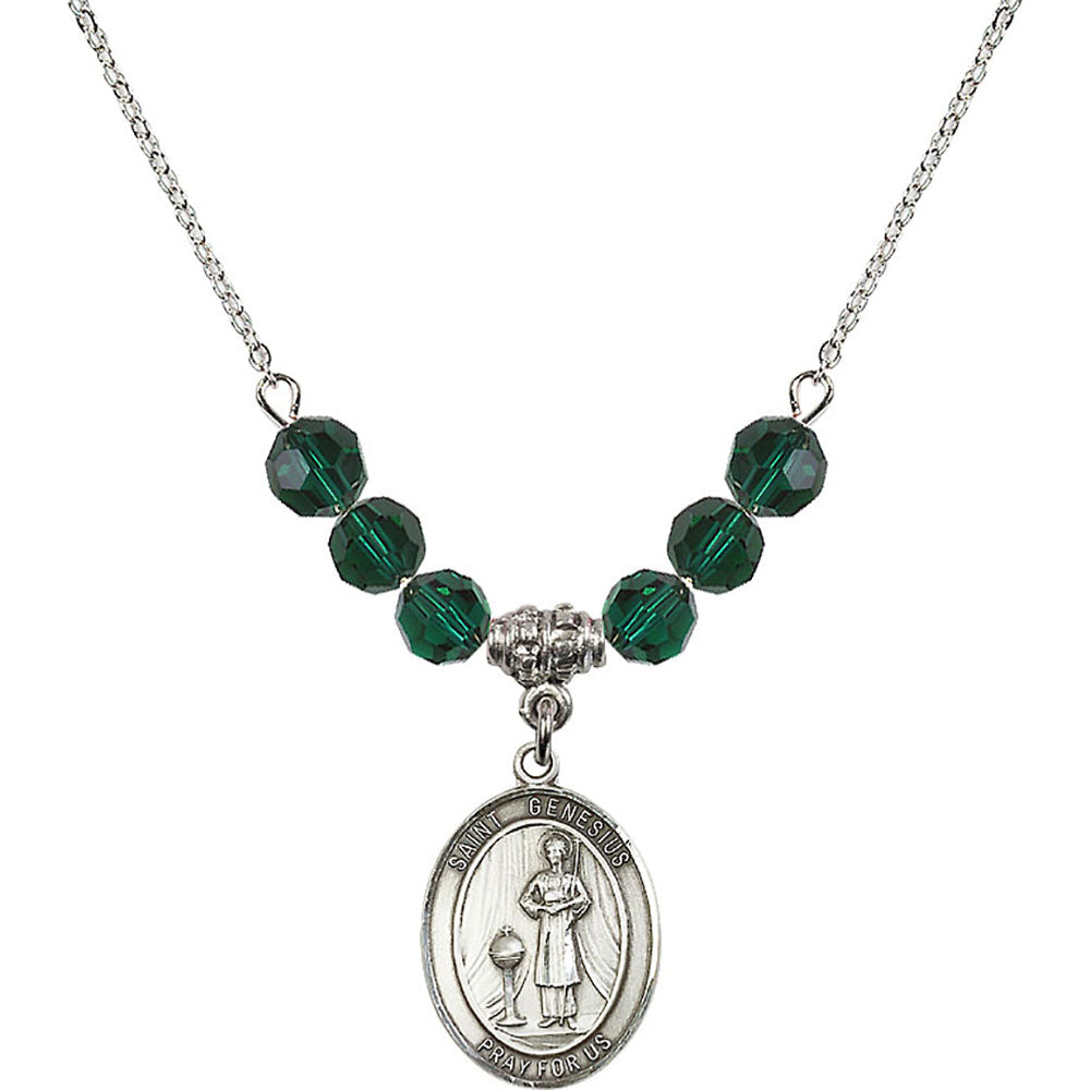 Sterling Silver Saint Genesius of Rome Birthstone Necklace with Emerald Beads - 8038