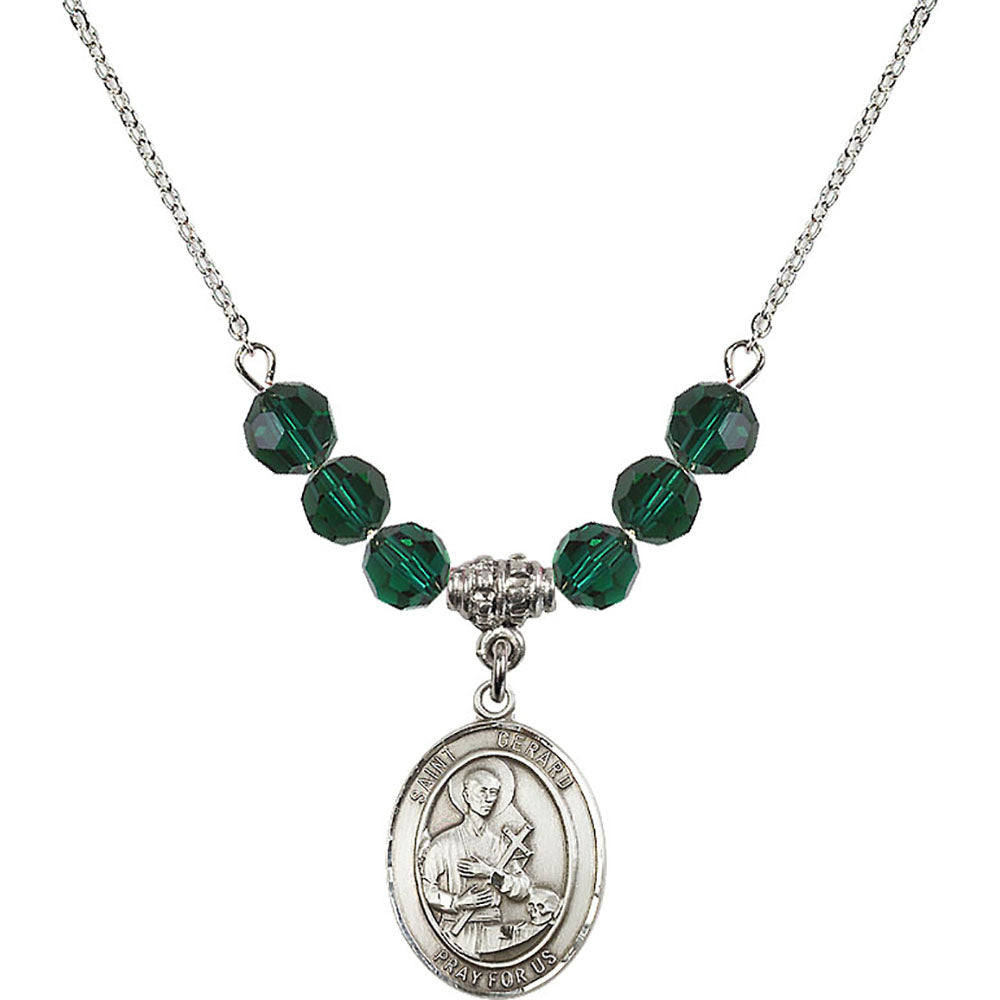 Sterling Silver Saint Gerard Majella Birthstone Necklace with Emerald Beads - 8042