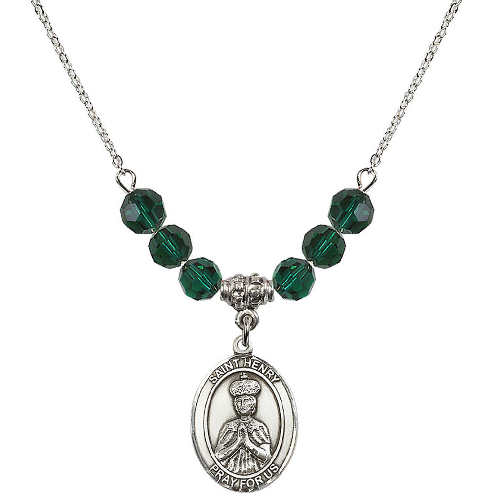 Sterling Silver Saint Henry II Birthstone Necklace with Emerald Beads - 8046