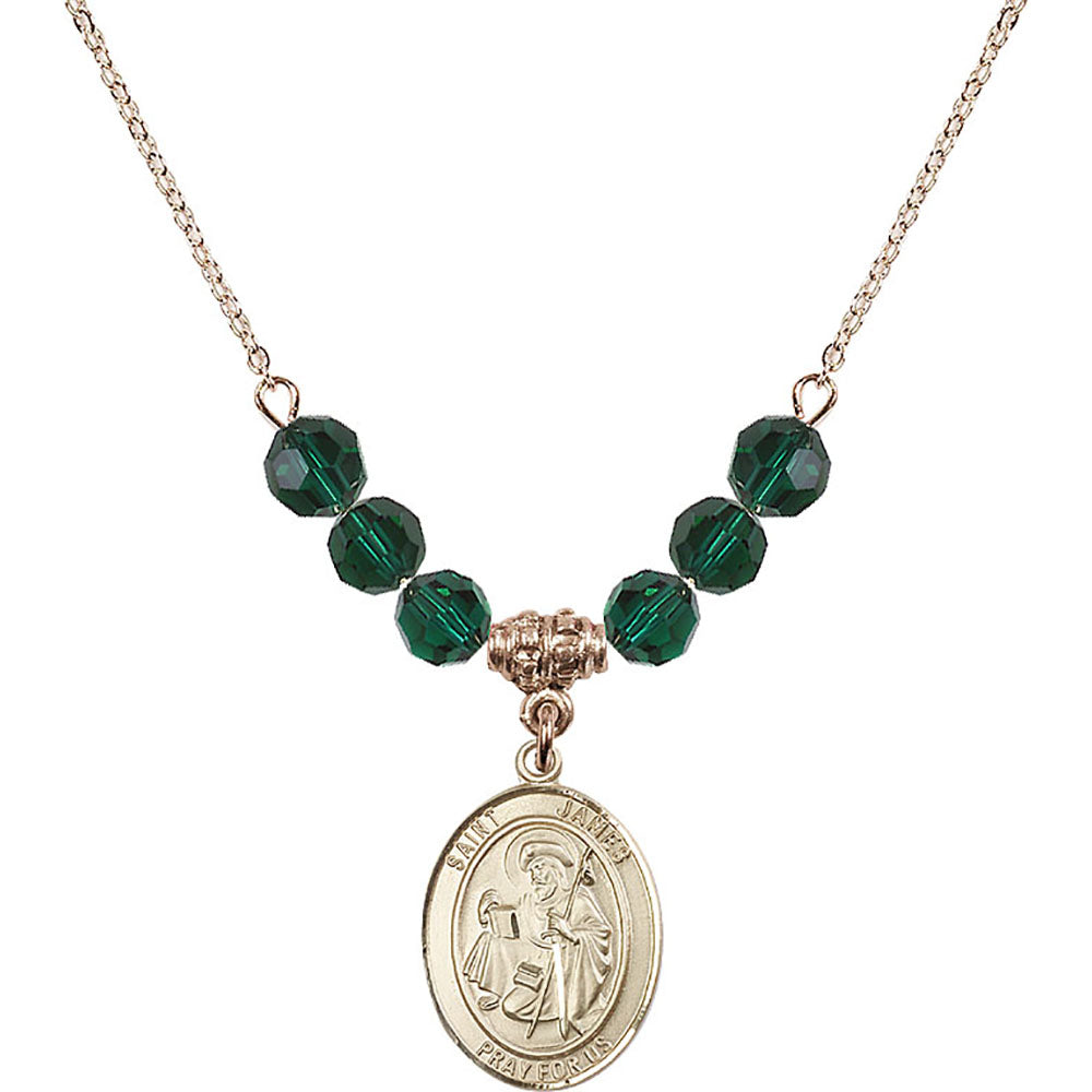 14kt Gold Filled Saint James the Greater Birthstone Necklace with Emerald Beads - 8050