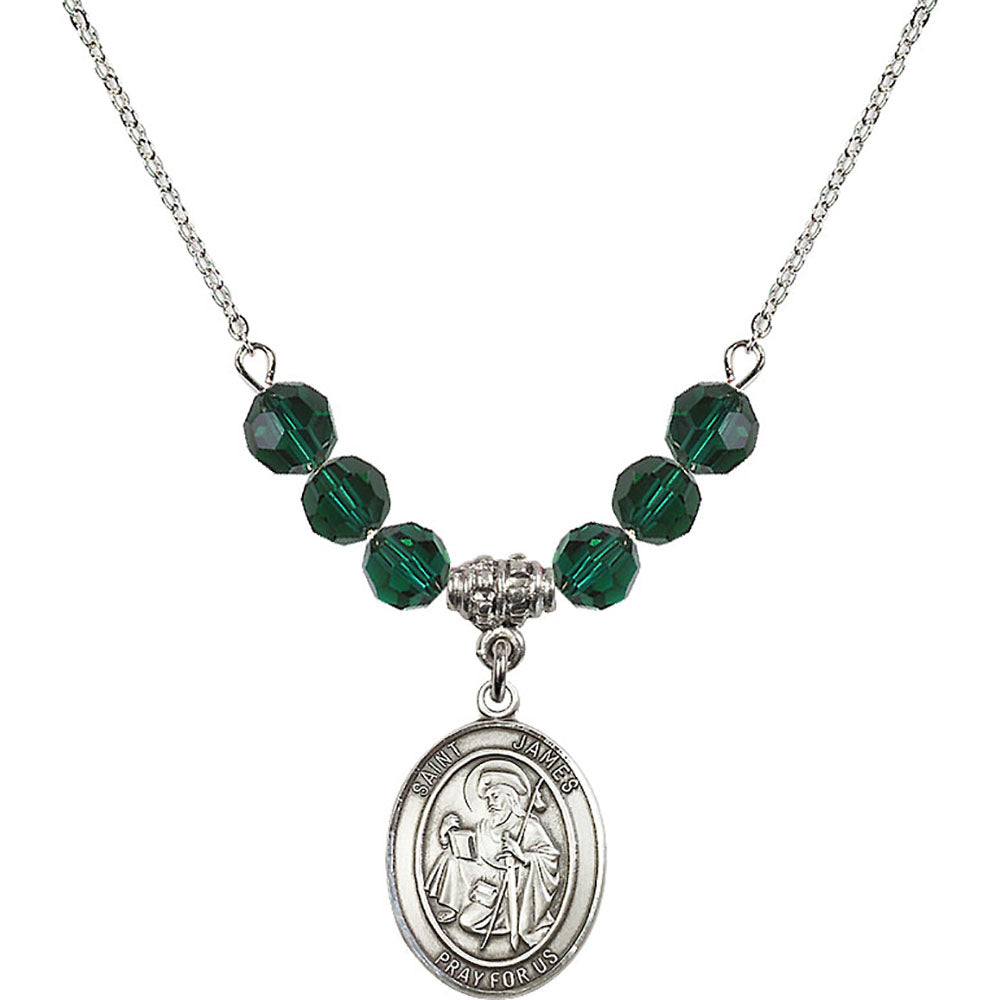 Sterling Silver Saint James the Greater Birthstone Necklace with Emerald Beads - 8050