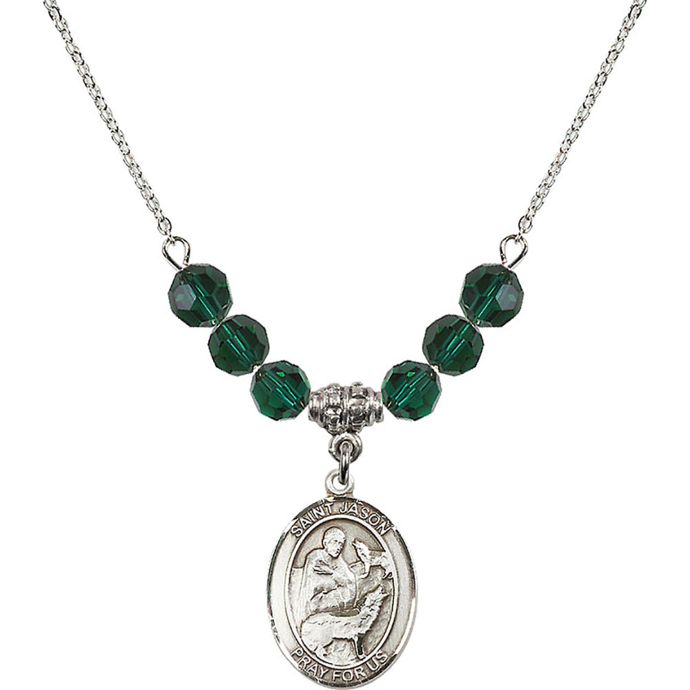 Sterling Silver Saint Jason Birthstone Necklace with Emerald Beads - 8051