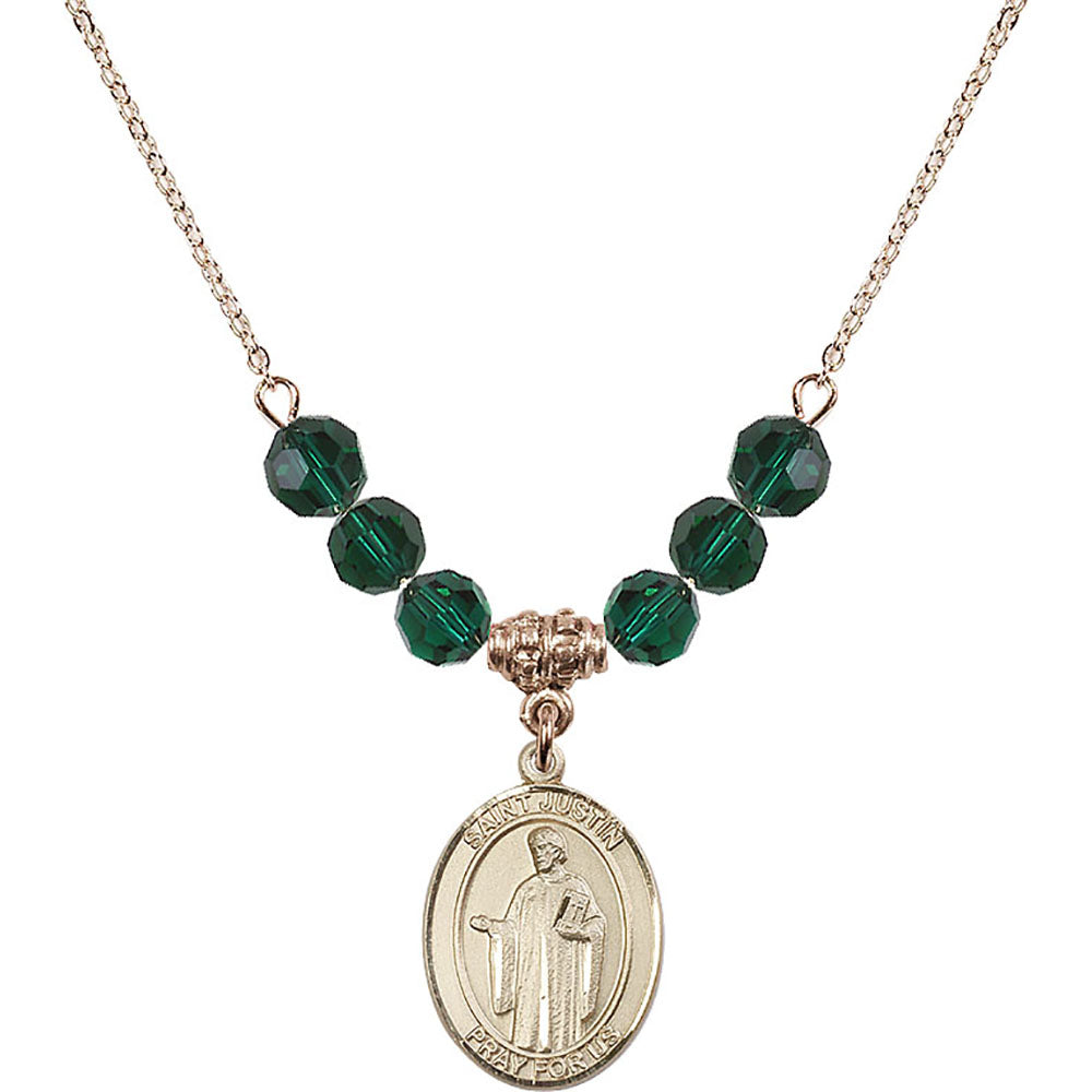 14kt Gold Filled Saint Justin Birthstone Necklace with Emerald Beads - 8052