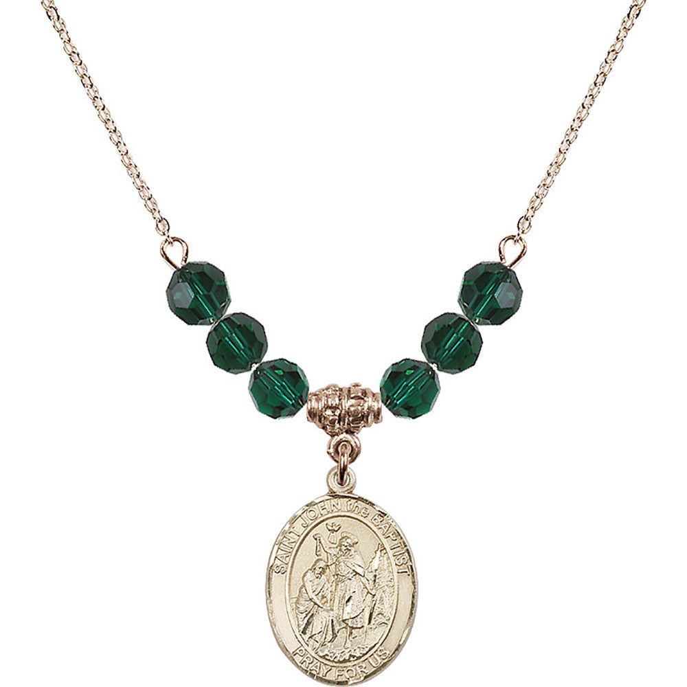 14kt Gold Filled Saint John the Baptist Birthstone Necklace with Emerald Beads - 8054