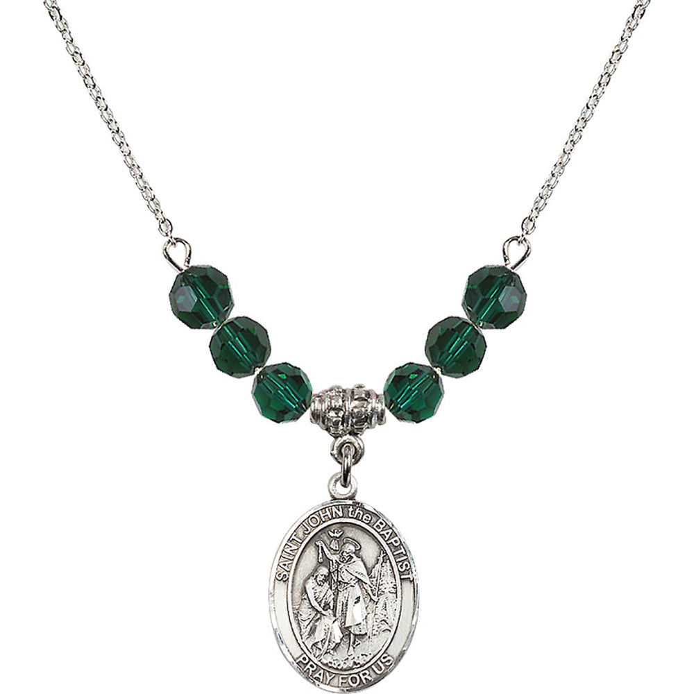 Sterling Silver Saint John the Baptist Birthstone Necklace with Emerald Beads - 8054