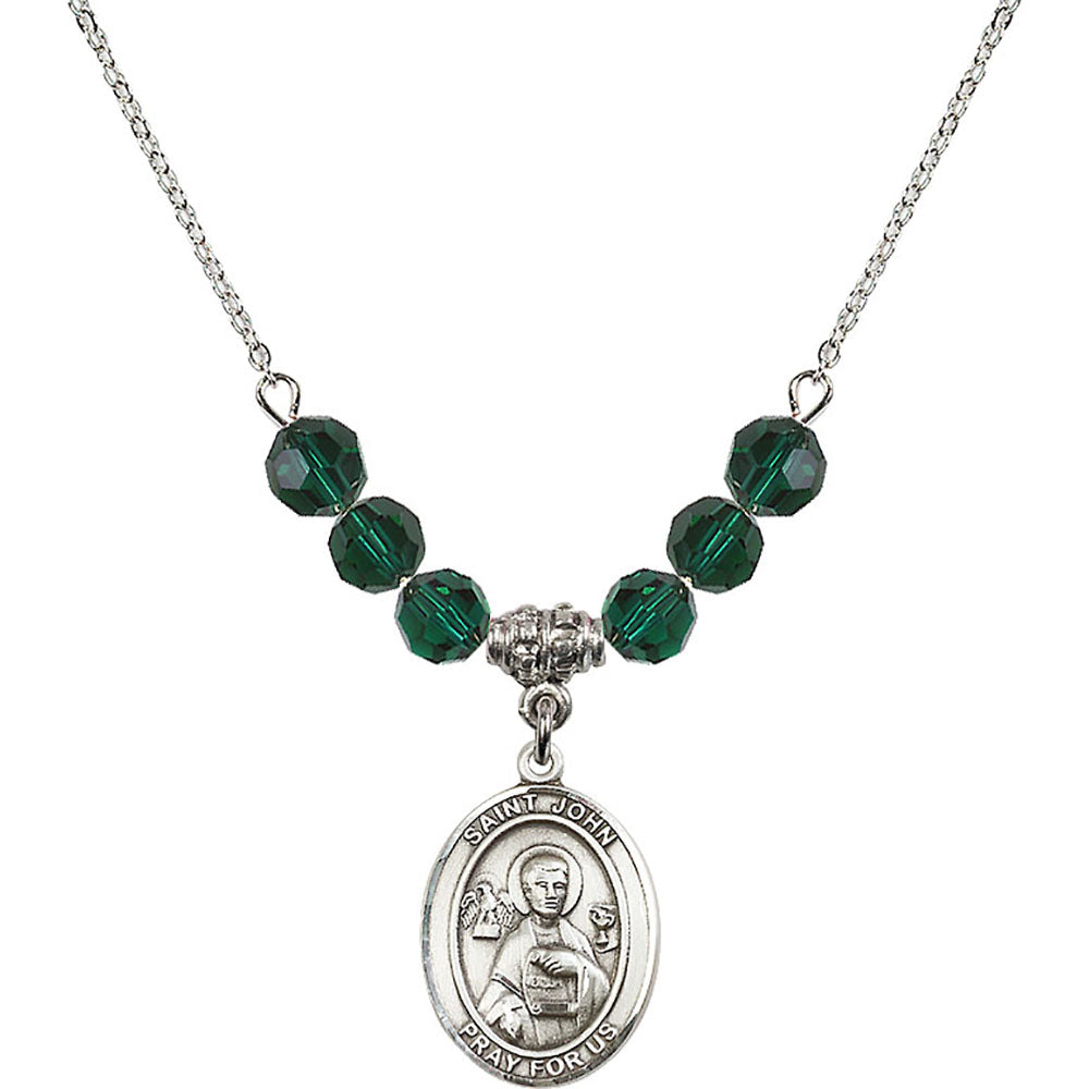 Sterling Silver Saint John the Apostle Birthstone Necklace with Emerald Beads - 8056