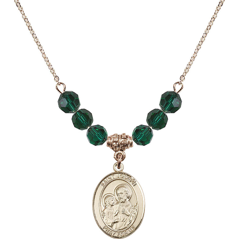 14kt Gold Filled Saint Joseph Birthstone Necklace with Emerald Beads - 8058