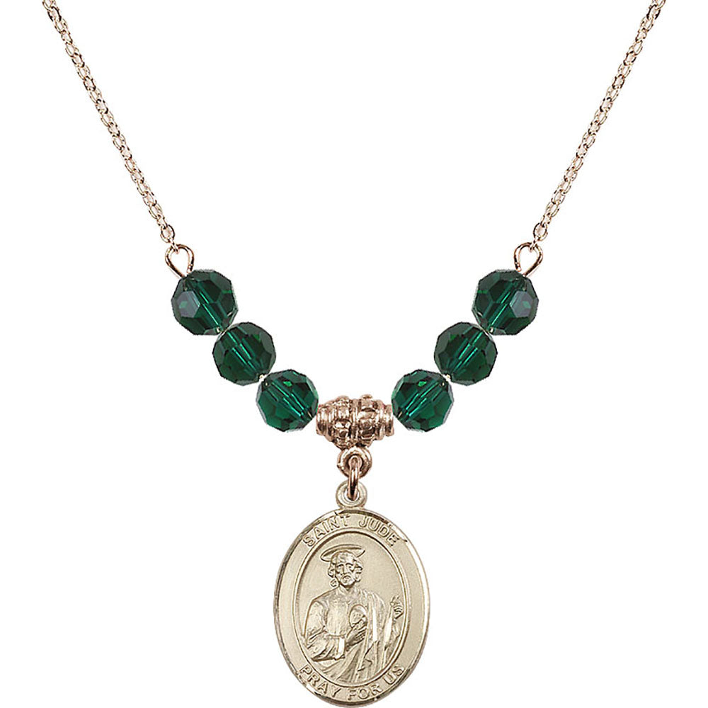 14kt Gold Filled Saint Jude Thaddeus Birthstone Necklace with Emerald Beads - 8060