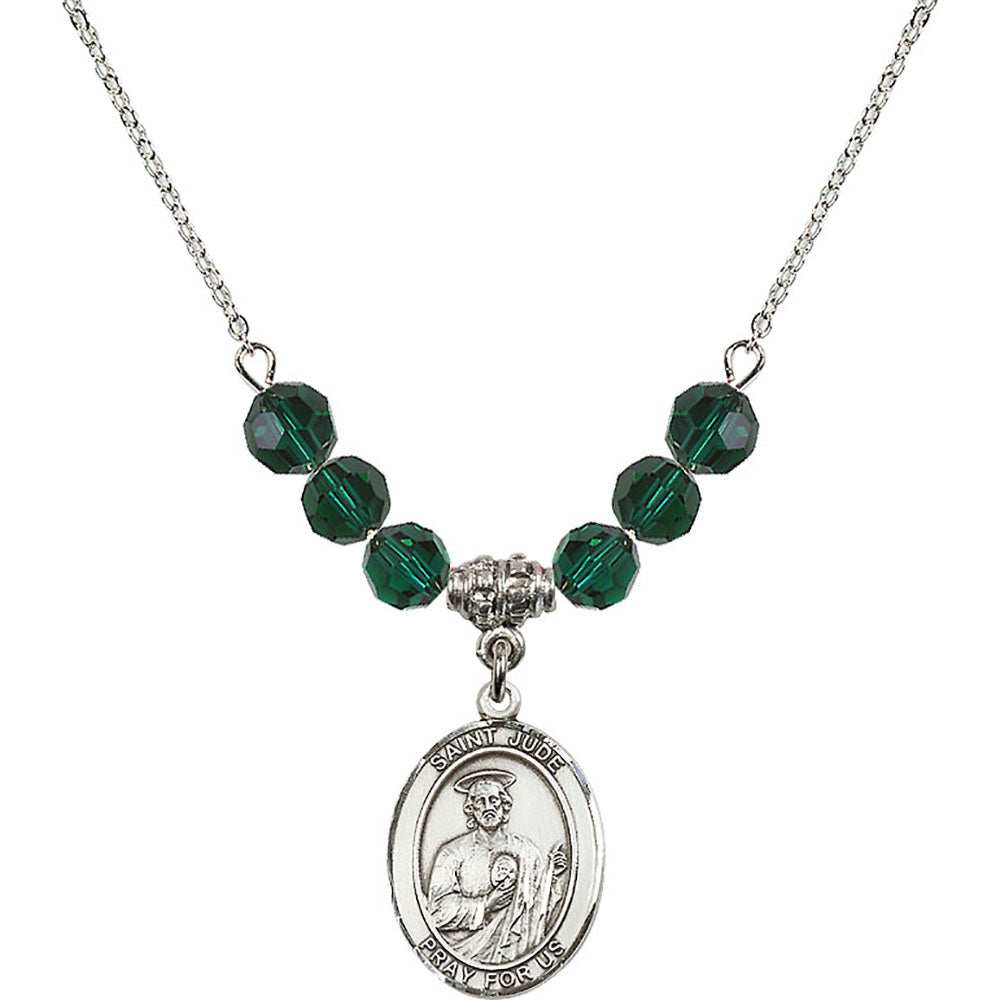 Sterling Silver Saint Jude Thaddeus Birthstone Necklace with Emerald Beads - 8060
