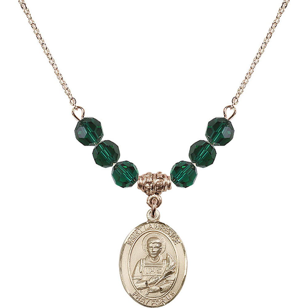 14kt Gold Filled Saint Lawrence Birthstone Necklace with Emerald Beads - 8063