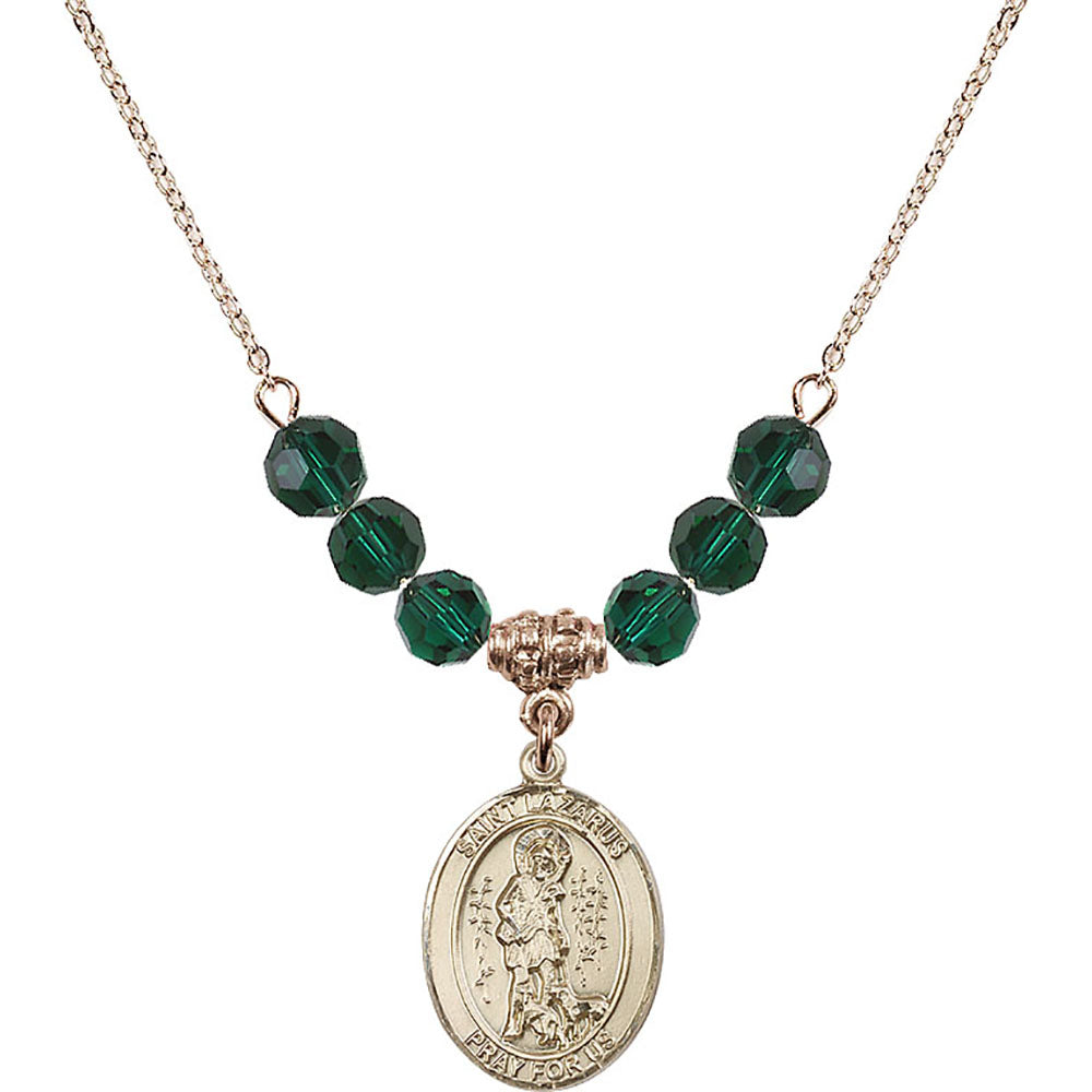 14kt Gold Filled Saint Lazarus Birthstone Necklace with Emerald Beads - 8066