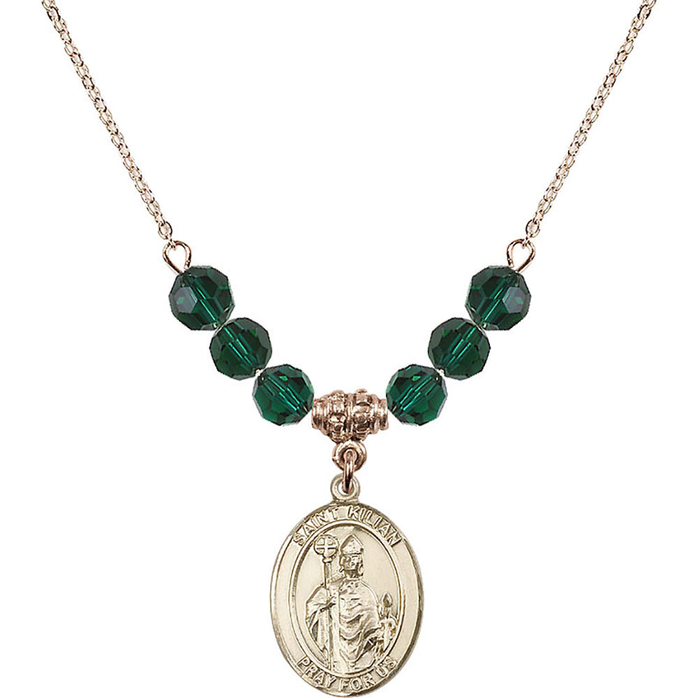 14kt Gold Filled Saint Kilian Birthstone Necklace with Emerald Beads - 8067