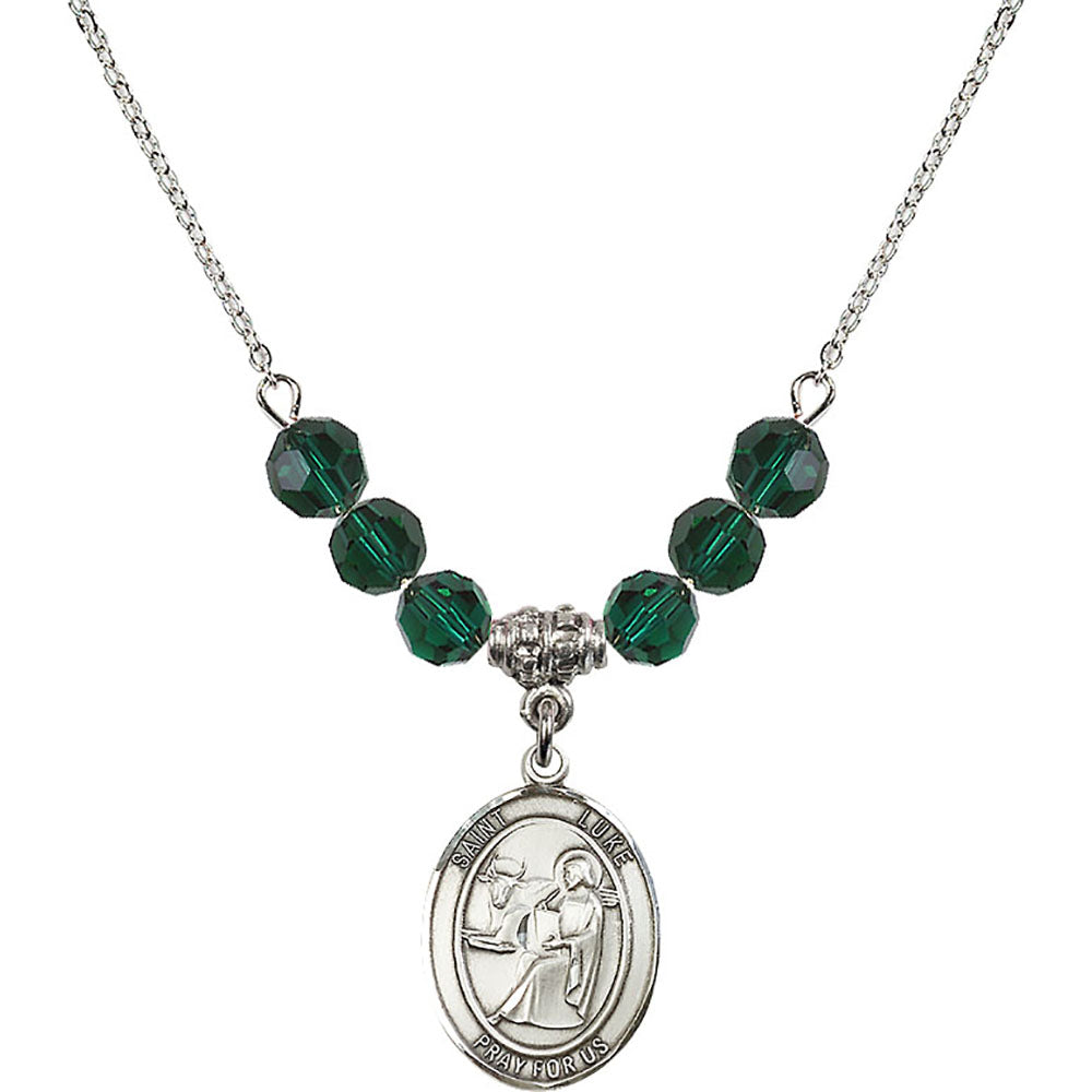 Sterling Silver Saint Luke the Apostle Birthstone Necklace with Emerald Beads - 8068