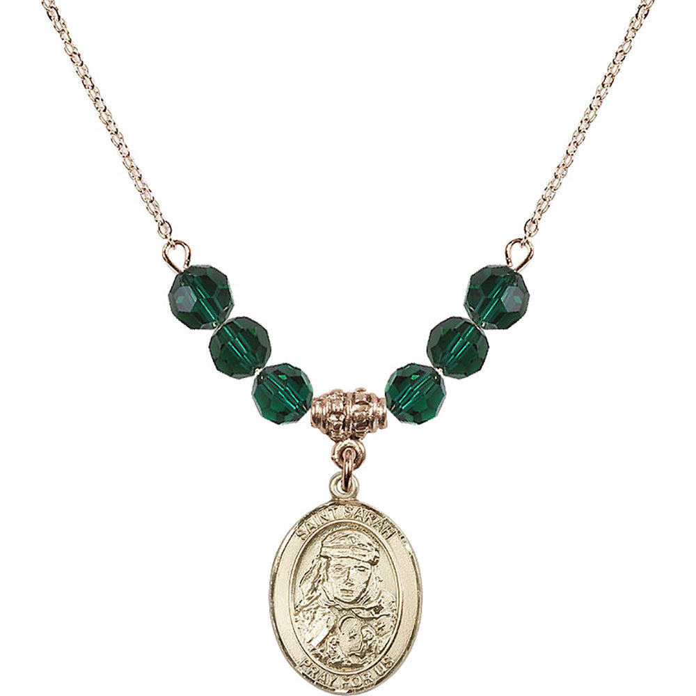 14kt Gold Filled Saint Sarah Birthstone Necklace with Emerald Beads - 8097