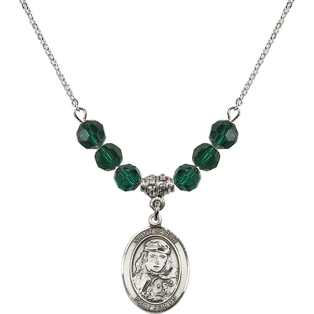 Sterling Silver Saint Sarah Birthstone Necklace with Emerald Beads - 8097