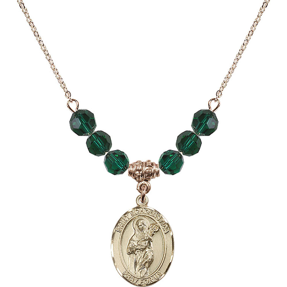 14kt Gold Filled Saint Scholastica Birthstone Necklace with Emerald Beads - 8099