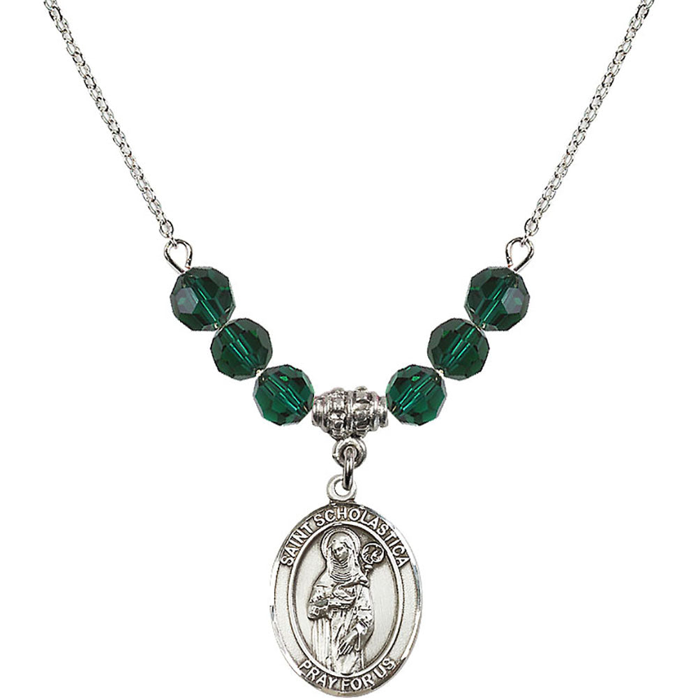 Sterling Silver Saint Scholastica Birthstone Necklace with Emerald Beads - 8099