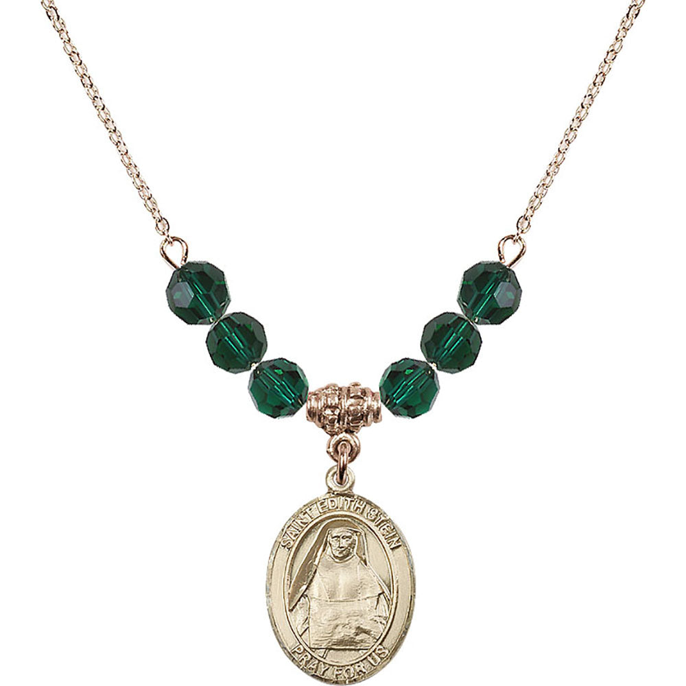 14kt Gold Filled Saint Edith Stein Birthstone Necklace with Emerald Beads - 8103