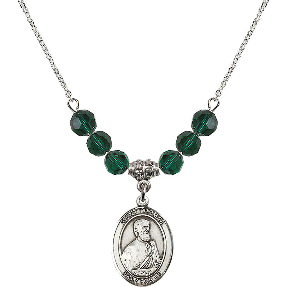 Sterling Silver Saint Thomas the Apostle Birthstone Necklace with Emerald Beads - 8107