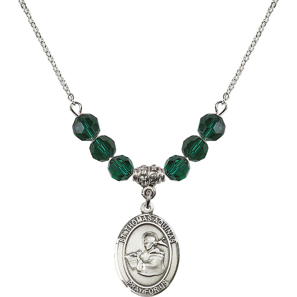 Sterling Silver Saint Thomas Aquinas Birthstone Necklace with Emerald Beads - 8108