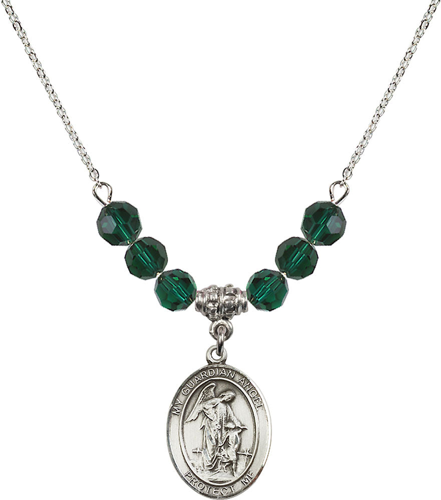 Sterling Silver Guardian Angel w/Child Birthstone Necklace with Emerald Beads - 8118