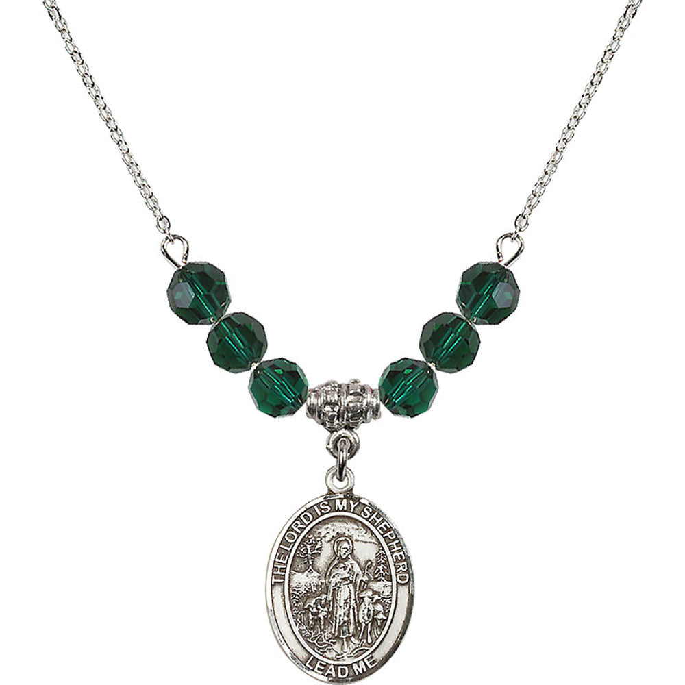 Sterling Silver Lord Is My Shepherd Birthstone Necklace with Emerald Beads - 8119