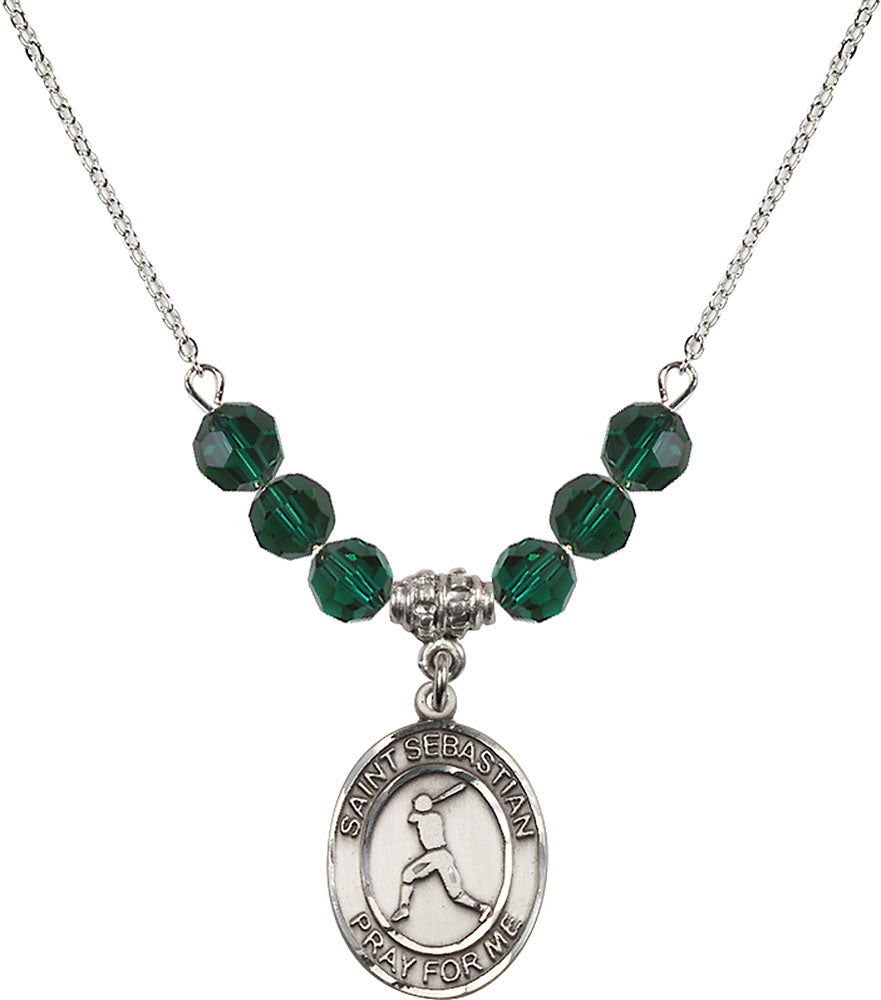 Sterling Silver Saint Sebastian/Baseball Birthstone Necklace with Emerald Beads - 8160