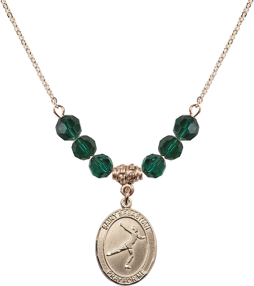 14kt Gold Filled Saint Sebastian/Figure Skating Birthstone Necklace with Emerald Beads - 8177