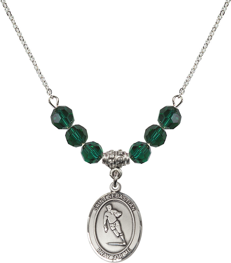 Sterling Silver Saint Sebastian / Rugby Birthstone Necklace with Emerald Beads - 8187