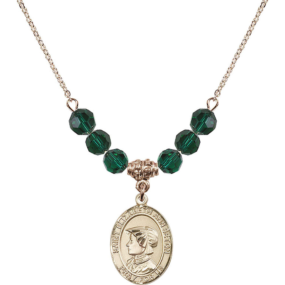 14kt Gold Filled Saint Elizabeth Ann Seton Birthstone Necklace with Emerald Beads - 8224