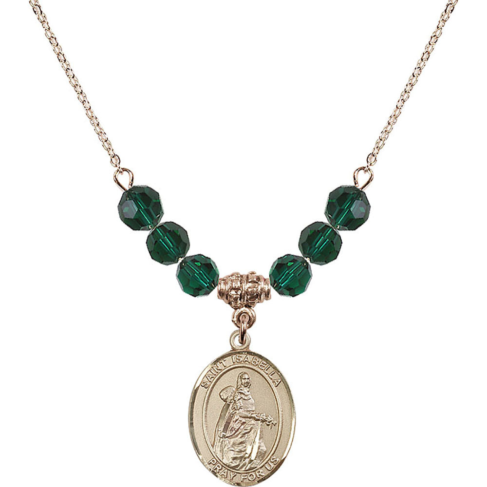 14kt Gold Filled Saint Isabella of Portugal Birthstone Necklace with Emerald Beads - 8250