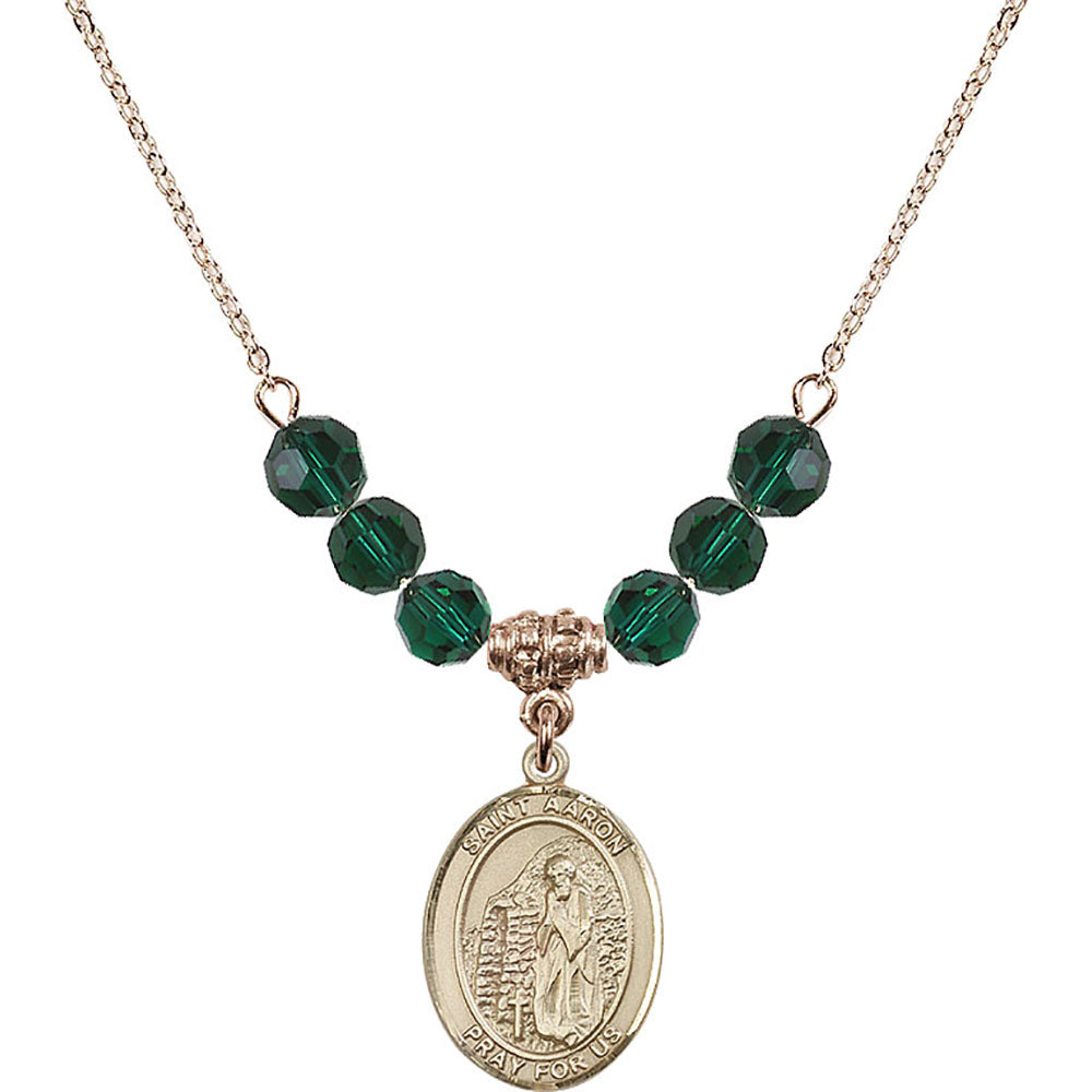 14kt Gold Filled Saint Aaron Birthstone Necklace with Emerald Beads - 8254