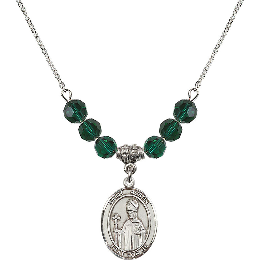 Sterling Silver Saint Austin Birthstone Necklace with Emerald Beads - 8256