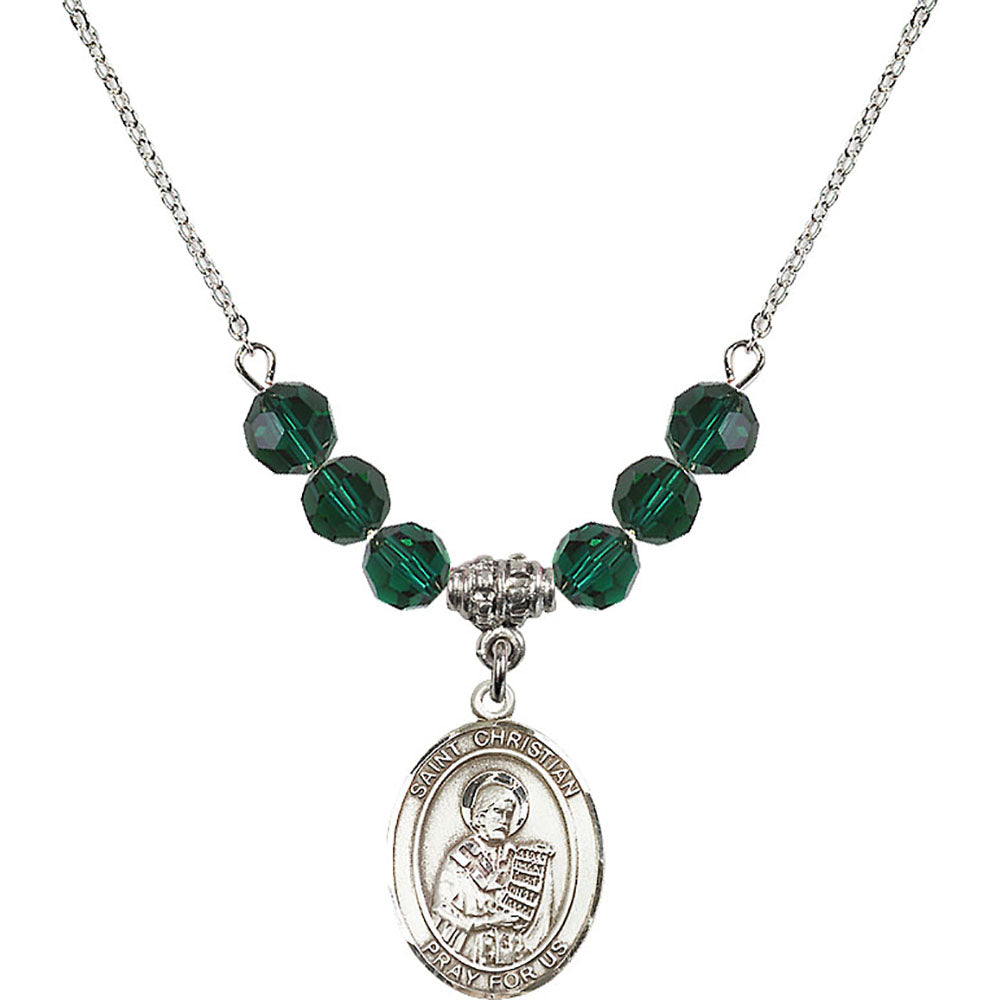 Sterling Silver Saint Christian Demosthenes Birthstone Necklace with Emerald Beads - 8257