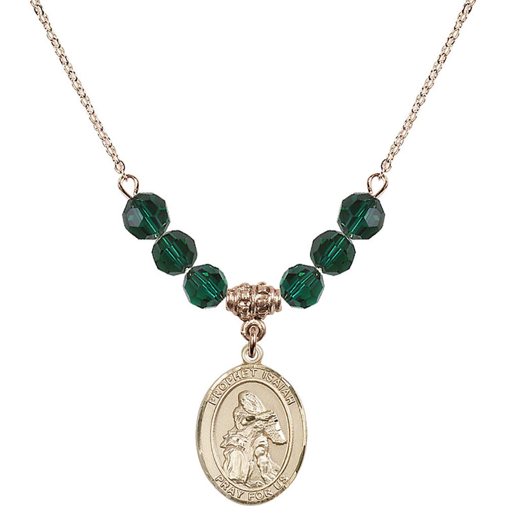 14kt Gold Filled Saint Isaiah Birthstone Necklace with Emerald Beads - 8258