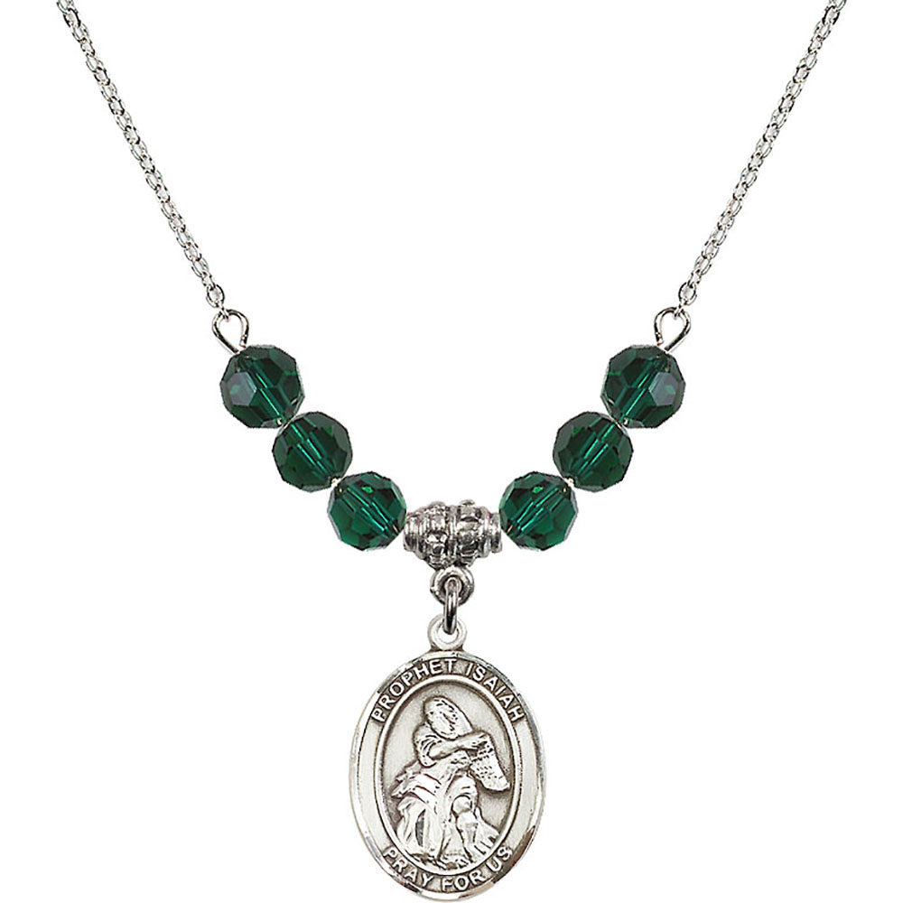 Sterling Silver Saint Isaiah Birthstone Necklace with Emerald Beads - 8258