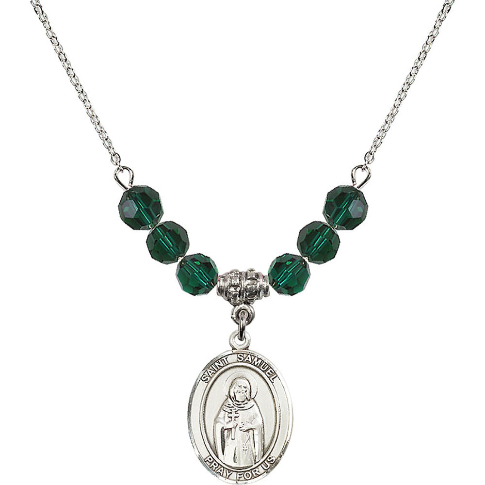Sterling Silver Saint Samuel Birthstone Necklace with Emerald Beads - 8259